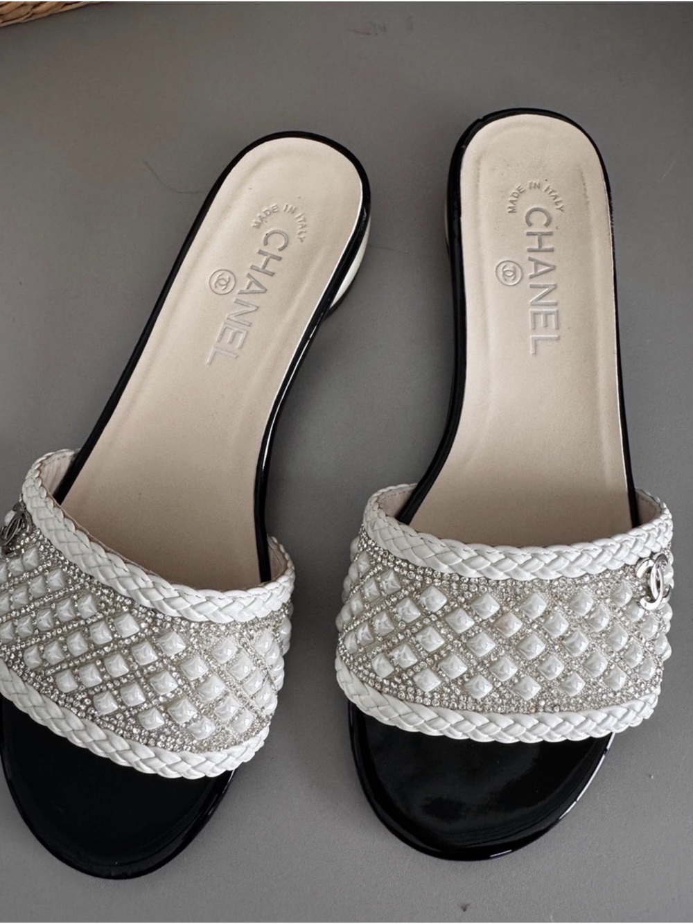 CHANEL White Braided Quilted Crystal Slide Mules
